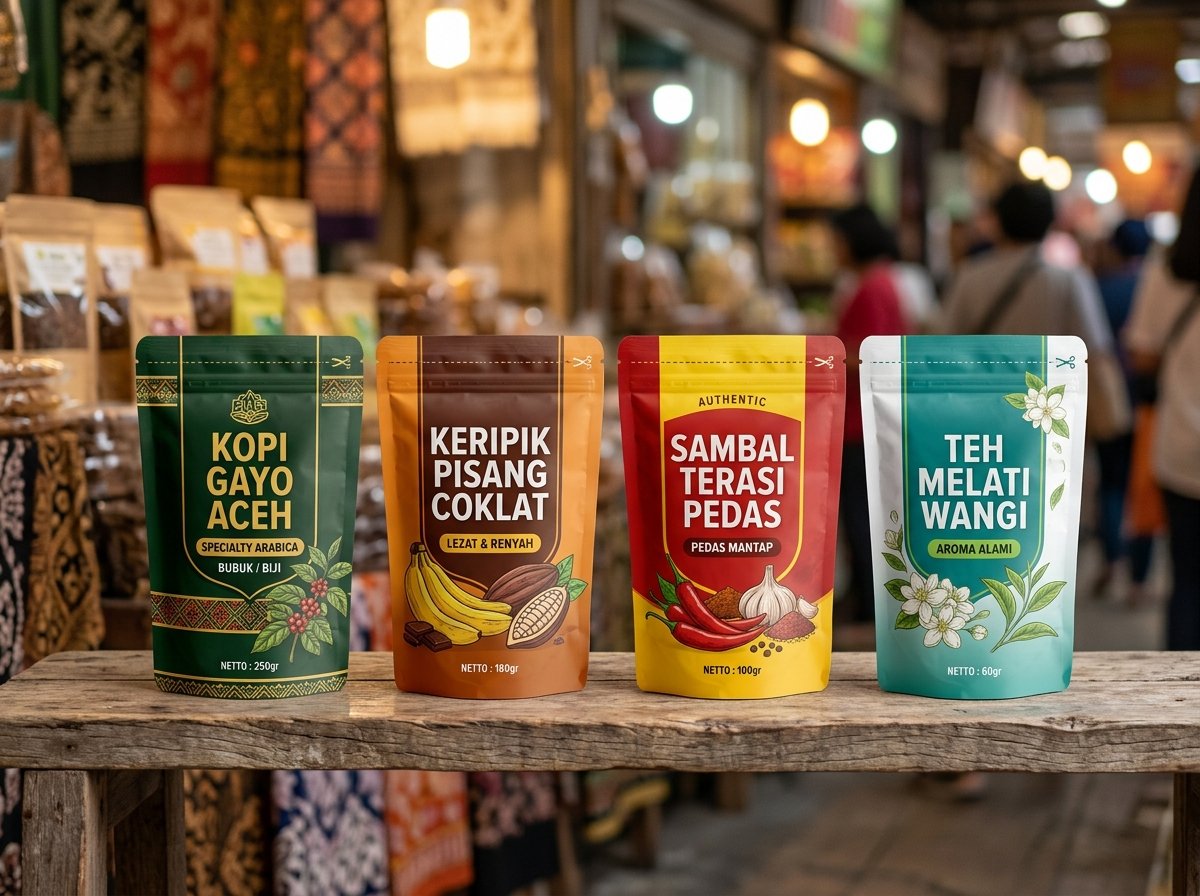 Ilustrasi desain dan proses pencetakan kemasan standing pouch modern untuk meningkatkan nilai jual produk ritel